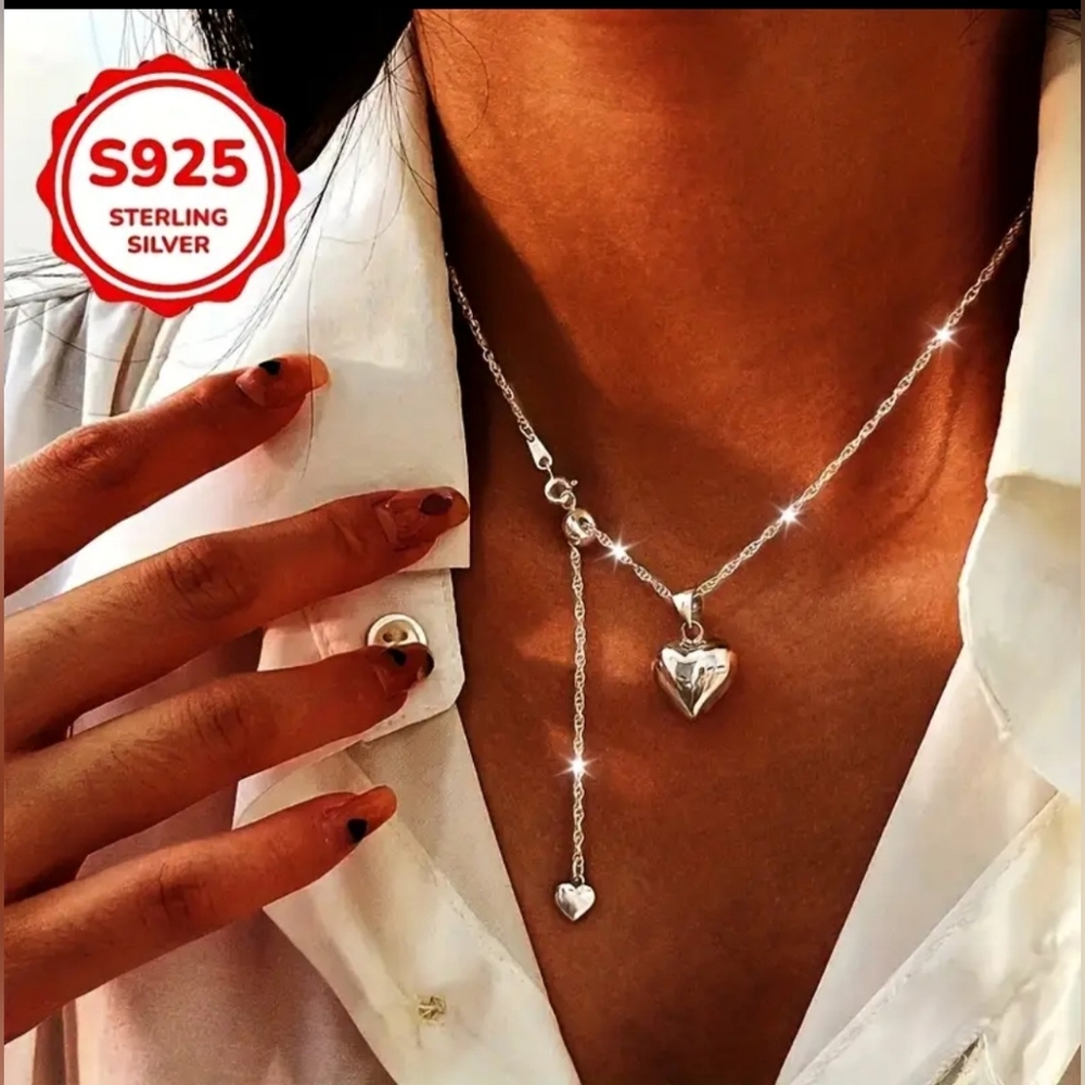Stylish S925 Pure Silvery Heart Pendant Necklace, Suitable for Casual Wear.